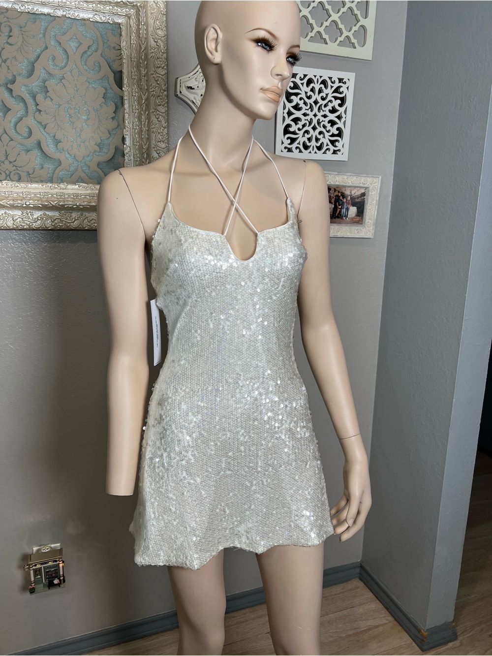 NWT Princess Polly Sequin Spaghetti Strap Mini Dress - white Silver - Picture 5 of 16